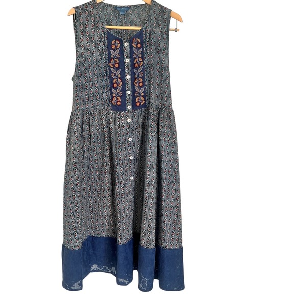 April Cornell Blue Floral Embroidered Ancient Vines Sleeveless Midi Dress Large - Picture 3 of 6